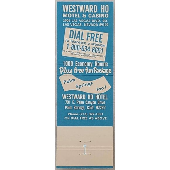 Westward Ho Motel & Casino Las Vegas NV Palm Springs FL Matchbook cover vintage - Picture 3 of 5